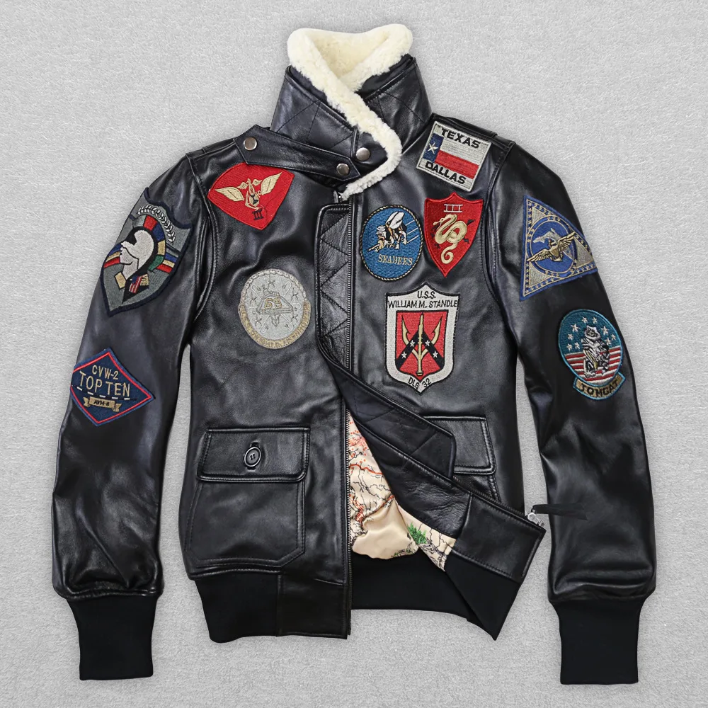 2020 Lovers TOP GUN Genuine Jacket Wool Collar Real Thin Sheepskin Leather Pilot Coat Plus Size 5XL Can Customized