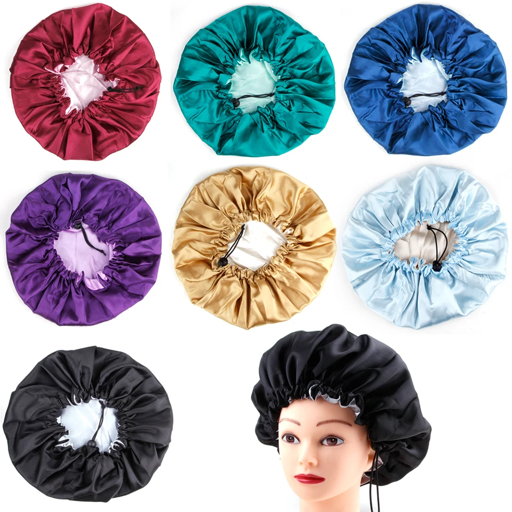 Satin Silky Bonnet Double Layer Sleep Cap with Premium Elastic Band Women Solid Color Head Wrap Brimmed Nightcap Night Hat Tool