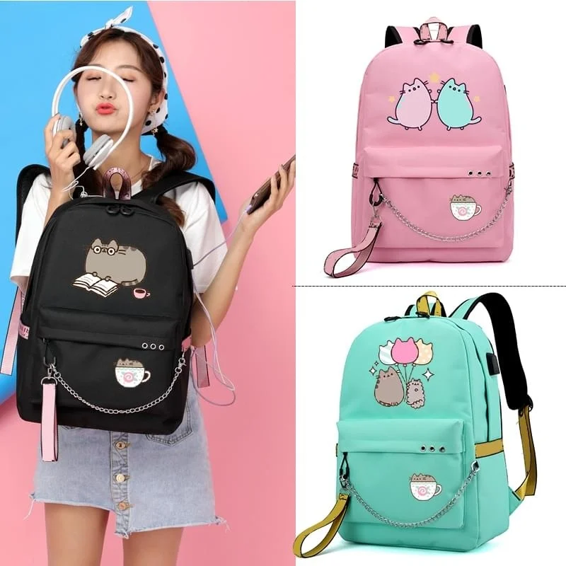 Cute Fat Cat Backpacks for Girls Back to School Shoulders Backpack Usb Charging Canvas Travel Bag Teenagers Laptop Bags