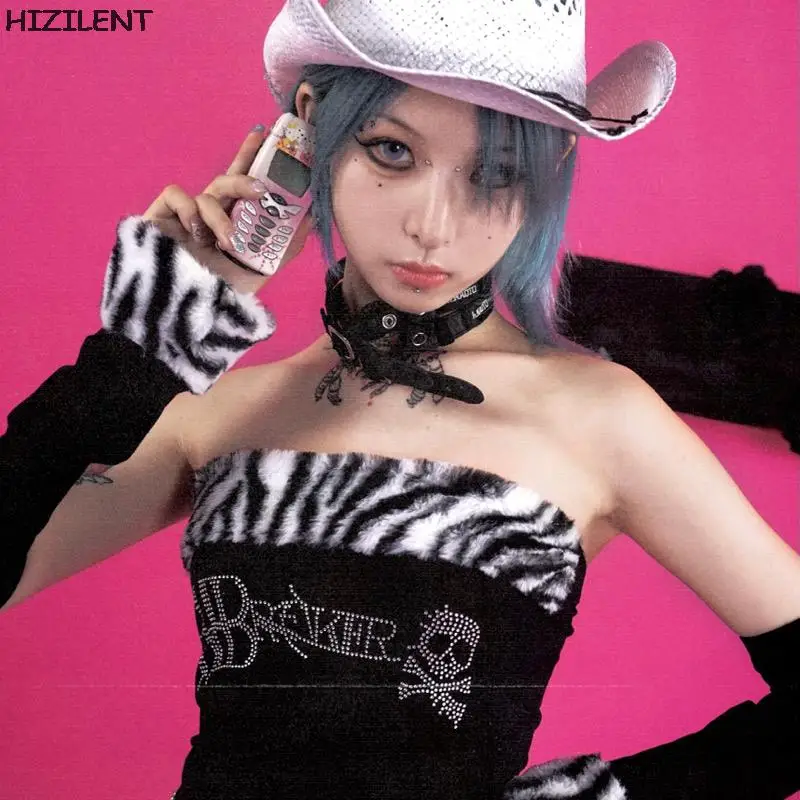 

Off Shoulder Velvet Zebra Tube top vintage Sexy Corset Crop Tops fairycore Female grunge Rhinestone gothic Woman clothes Y2K Top