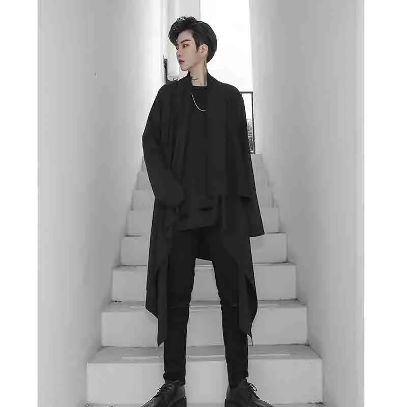 Men's cardigan spring and autumn long loose windbreaker men's casual coat shawl youth trend black large size