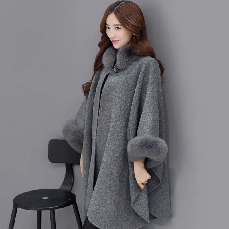 Winter Fake Fur Coat Women\'s Poncho Jacket Ladies Bat Sleeve Warm Cape Overcoat Long Cloak Outwear Casual Shawl Female New