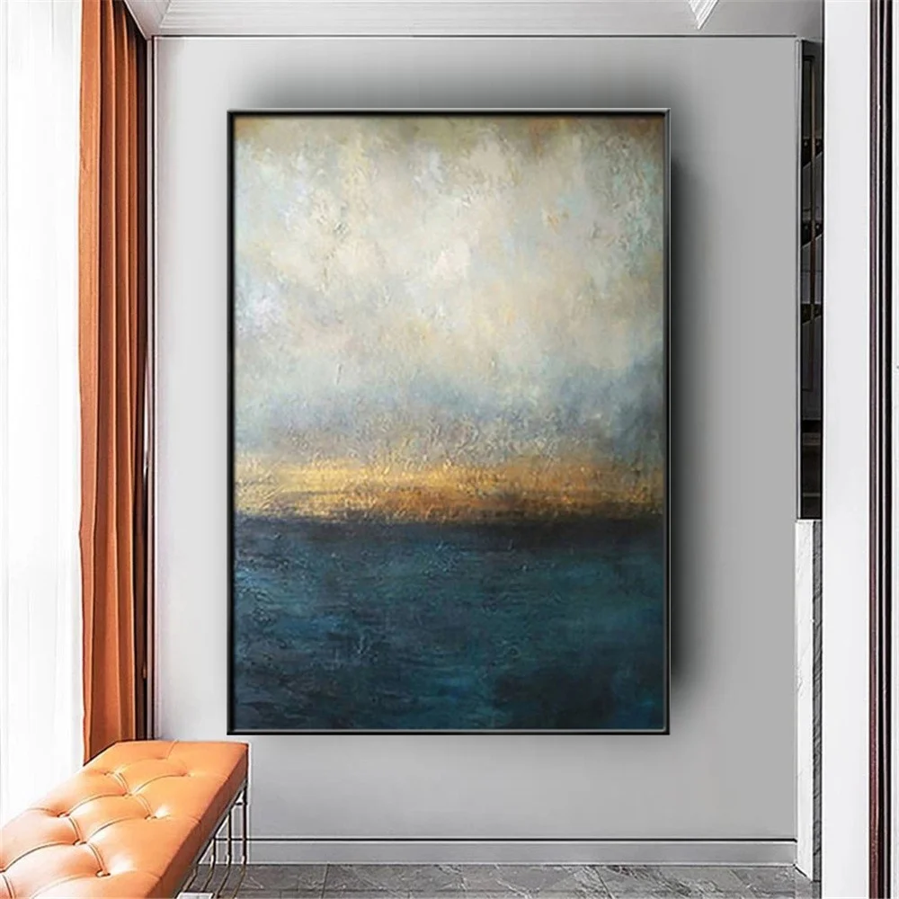 

Hand Painted Oil Paintings On Canvas Horizon Sunrise Seascape Blue Mural Old Gold Leaf Canvas Painting For Living Room Decorate