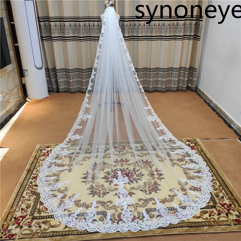 Nieuwe Collectie Lange Kant Bruiloft Sluier 3 Meter Kathedraal Bridal Veil Met Kam Hoge Kwaliteit Wit Ivoor Sluier Bruid Accessoires