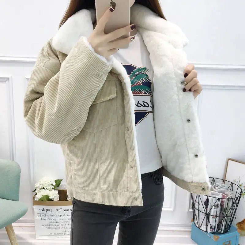 Casual Corduroy Thick Parkas Women Overcoat Autumn Winter Warm Lamb Fur Fashion Outerwear Women Streetwear Jacket Female Coat