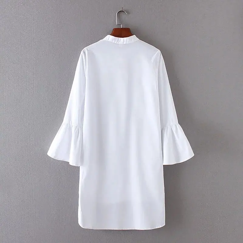 2017 Women vintage solid color flare sleeve white long blouse shirt Vestidos casual loose Blusas Brand Femininas Tops LS1464