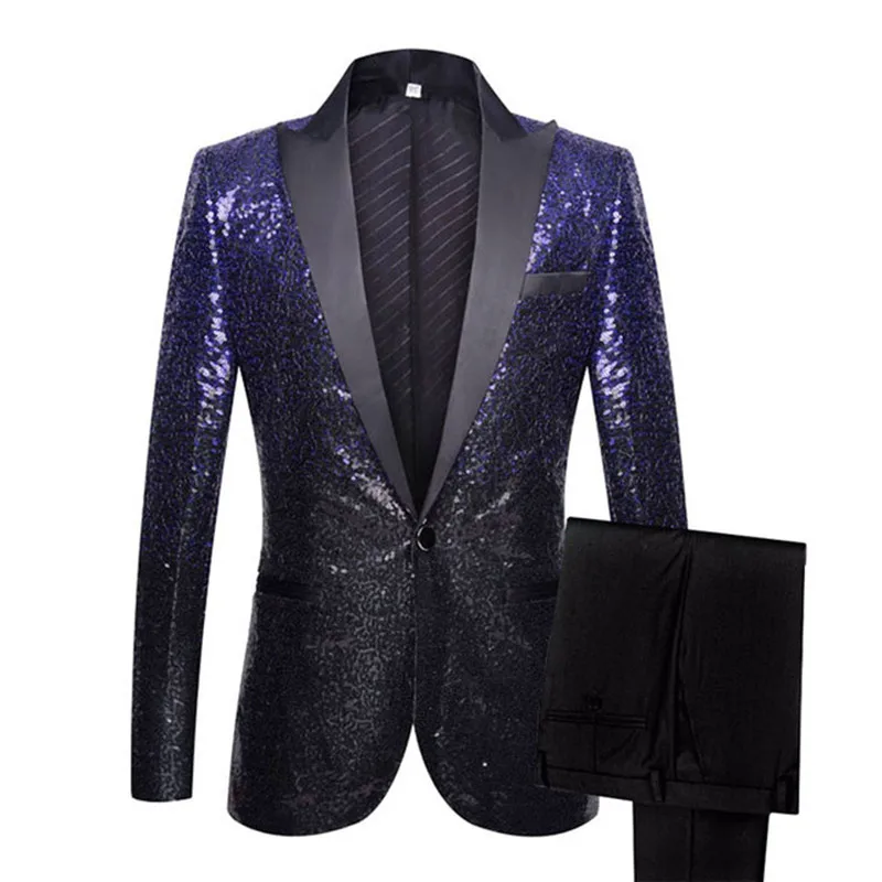 2 Pieces Men Suits Sequined Gold Stage Singer Performance Suit Gradient Color Suit Two-Piece Groom Formal Causal Party Prom