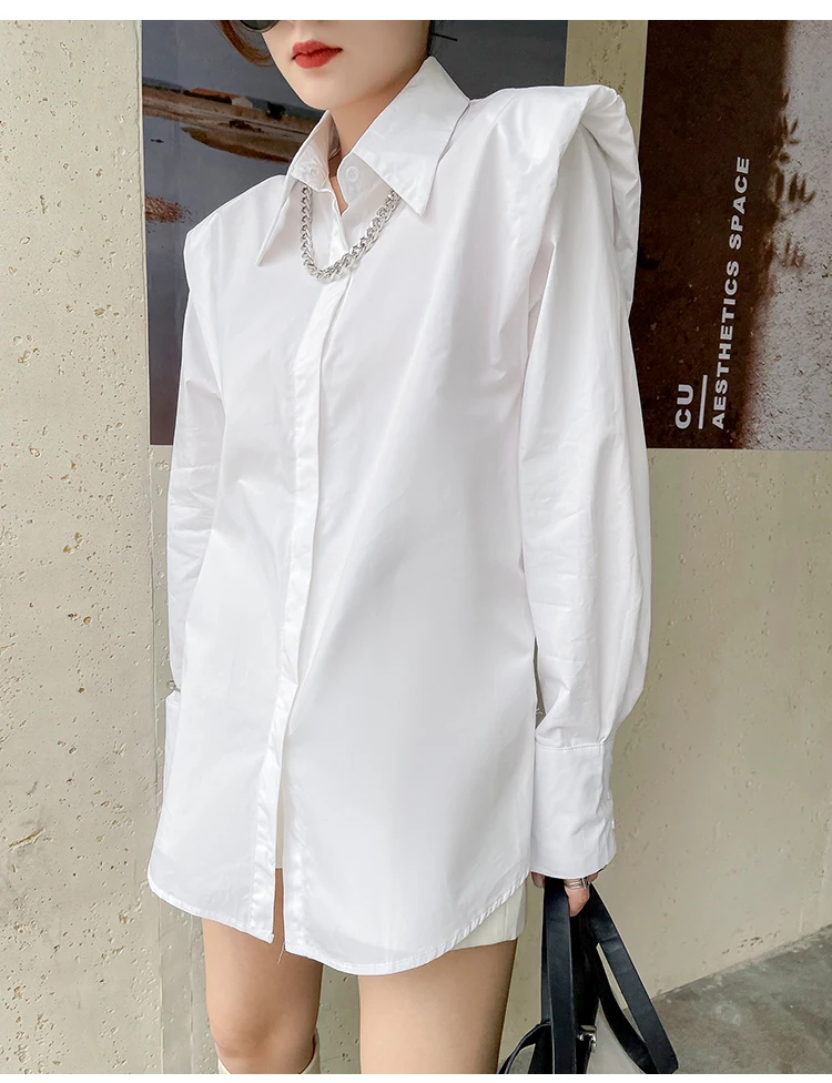 IHOBBY Women Chic Loose Lapel Solid Color Shoulder Pads White Shirt Korean Fashion Spring Autumn Vintage Blouse