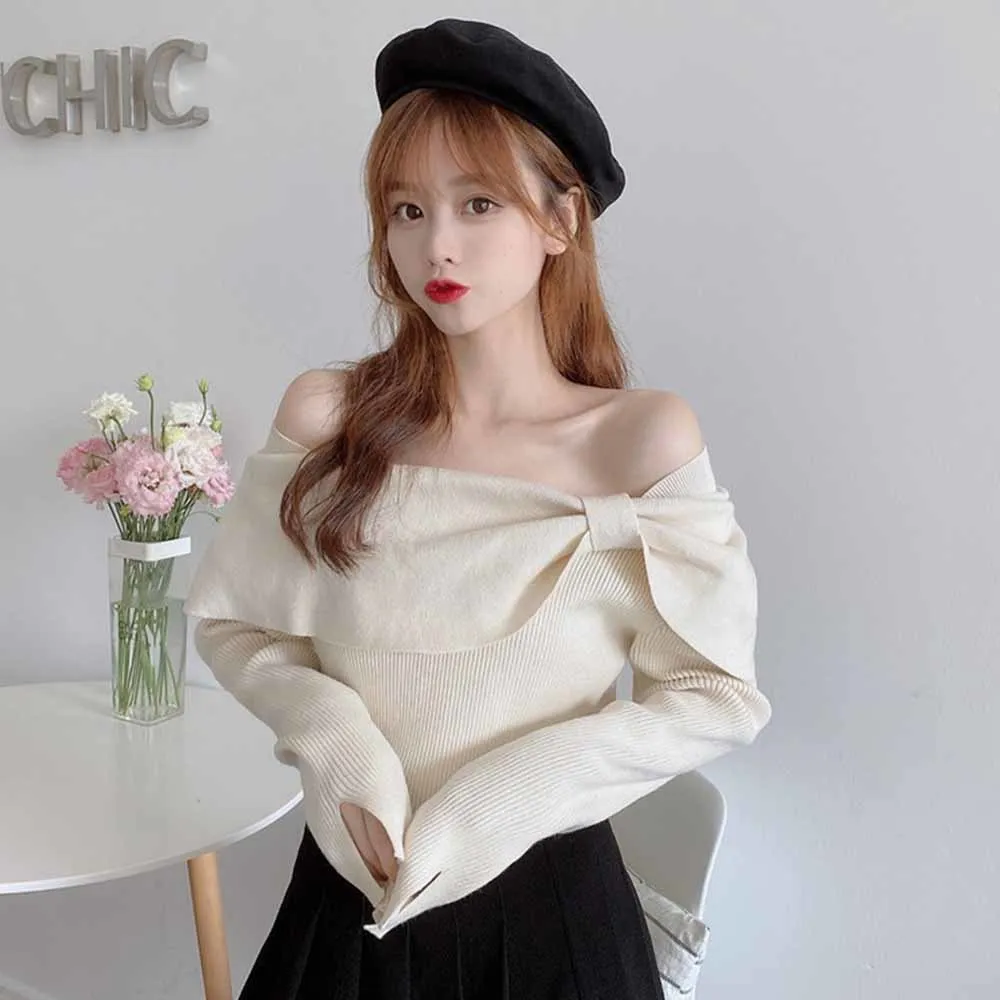 Korean Bowknot Slash Neck Women Slim Knitwear Solid Long Sleeve Knitted Tops 2021 Spring Femme Pull Jumpers