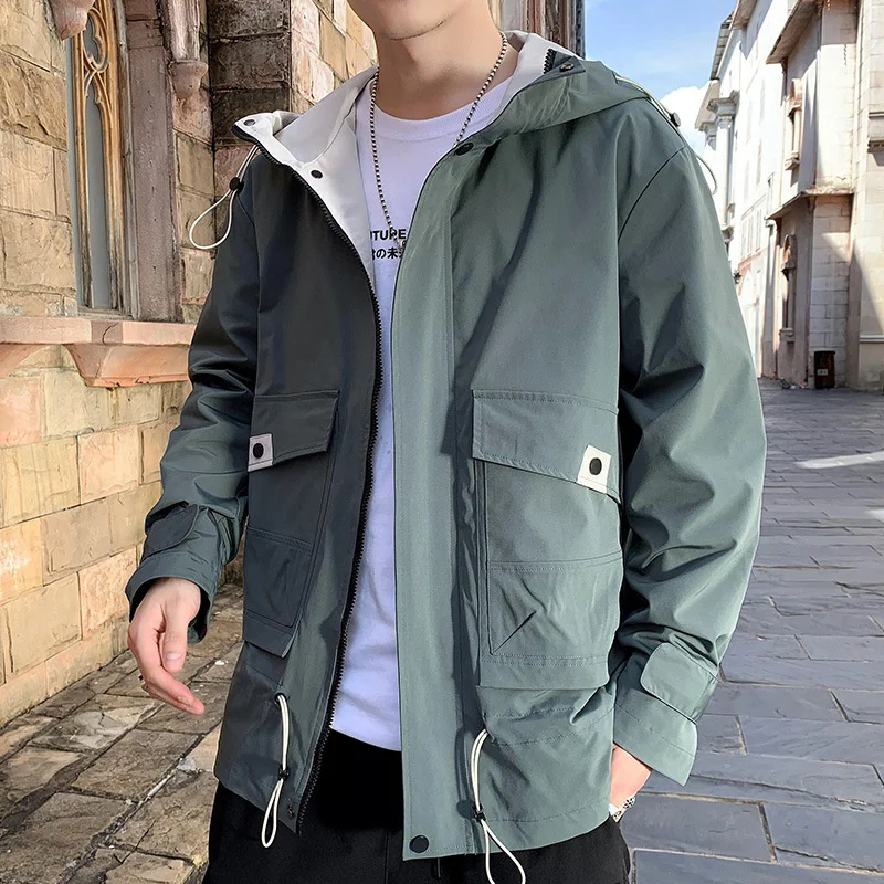 

Autumn Men's Tooling Windbreaker Jacket Solid Color Trend Harajuku Personality Zipper Loose Slim All-match Casual Fashion Coats