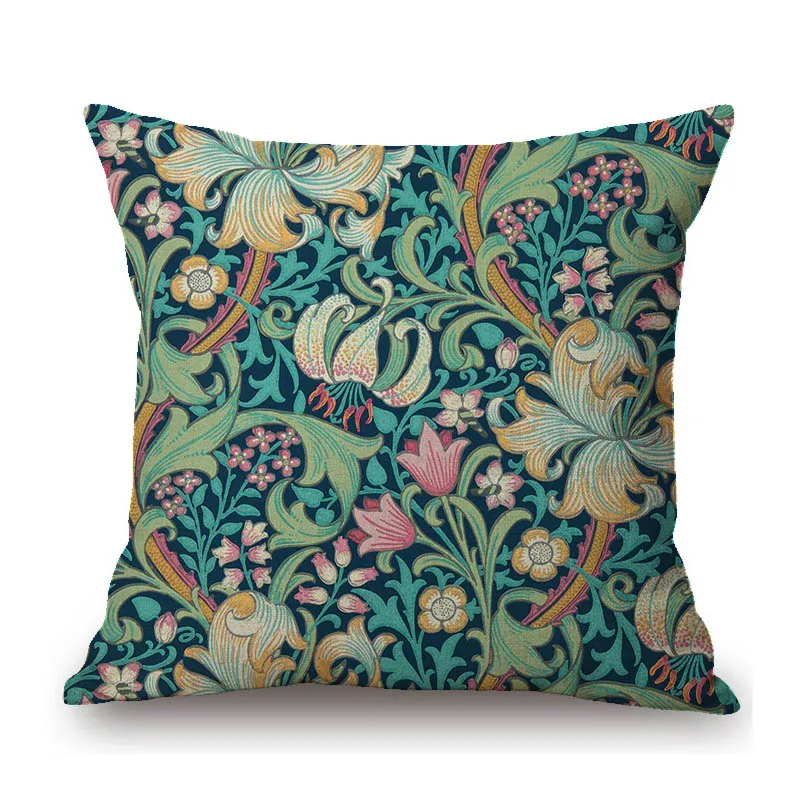 Beautiful Classic Floral Pattern Golden Lily Blue Pink Green Plant Leaf William Morris Art Sofa Pillow Case Linen Cushion Cover