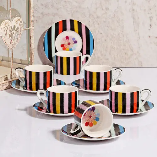 

DOLBOVI KOSOVA STRIPE PATTERNED FİNCAN KIT, BLACK STRIPE LUX BONE CHİNA coffee FİNCAN KIT mug кружка coffee cup cup