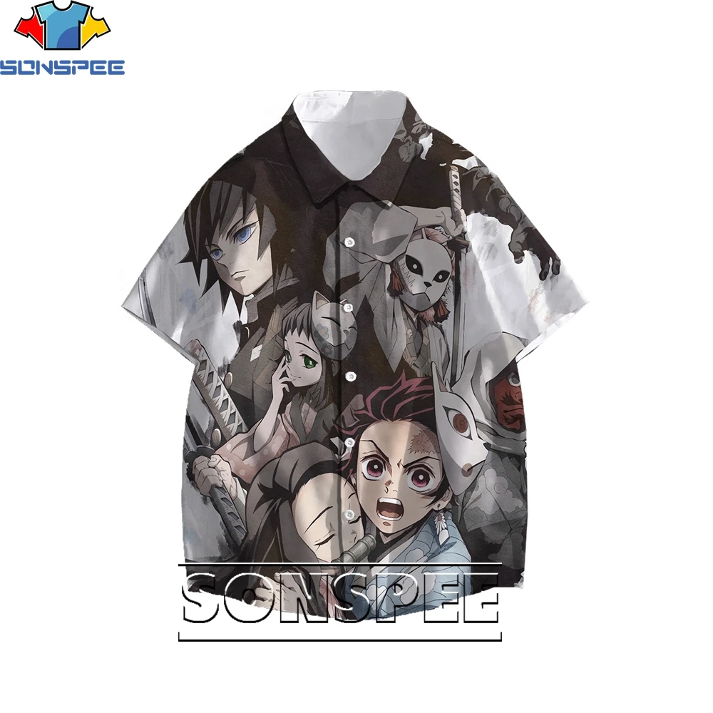 SONSPEE 3D Printing Demon Slayer Cartoon Anime Men's Hawaiian Blouse Ladies Fun Shirts Loose Casual Trend Personality Harajuku