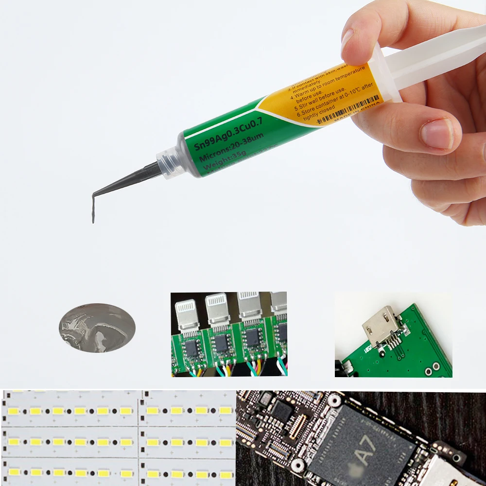 Pasta de soldadura tipo tubo de aguja sin plomo Sn99Ag0.3Cu0.7, punto de fusión 227 ℃, pasta de soldadura de reparación de PCB, 0.3AG