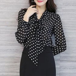 Fashion Polka Dot Printed Chiffon Women Shirt 2023 Spring Office Ladies Elegant Bow Pullovers Commuter V-Neck Loose Blouse Woman