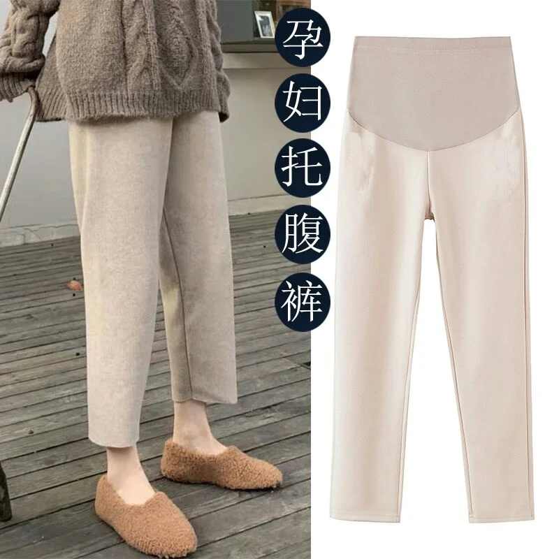 8828# Autumn Winter Thicken Warm Woolen Maternity Straight Pants Elastic Waist Belly Pants Clothes for Pregnant Women Pregnancy