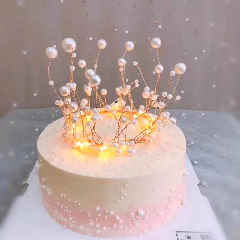 

Light LED Lamp CakeTopper Pearl Princess Crown Cake Topper Happy Birthday Cake Decoration DIY Party Wedding Party Decor Supplies