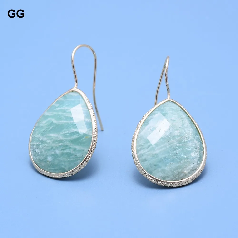 GuaiGuai Jewelry Big Size Natural Green Amazonites Gold Plated Dangle Hook Real Stone Earrings Classic For Women