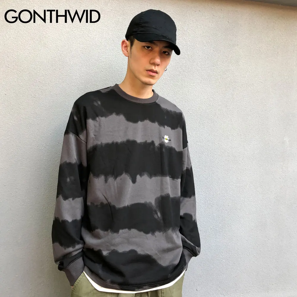 GONTHWID Harajuku Tie Dye Striped Pullover Sweatshirts Hoodies 2024 Mens Hip Hop Casual Streetwear Fashion Hoodie Outwear Tops