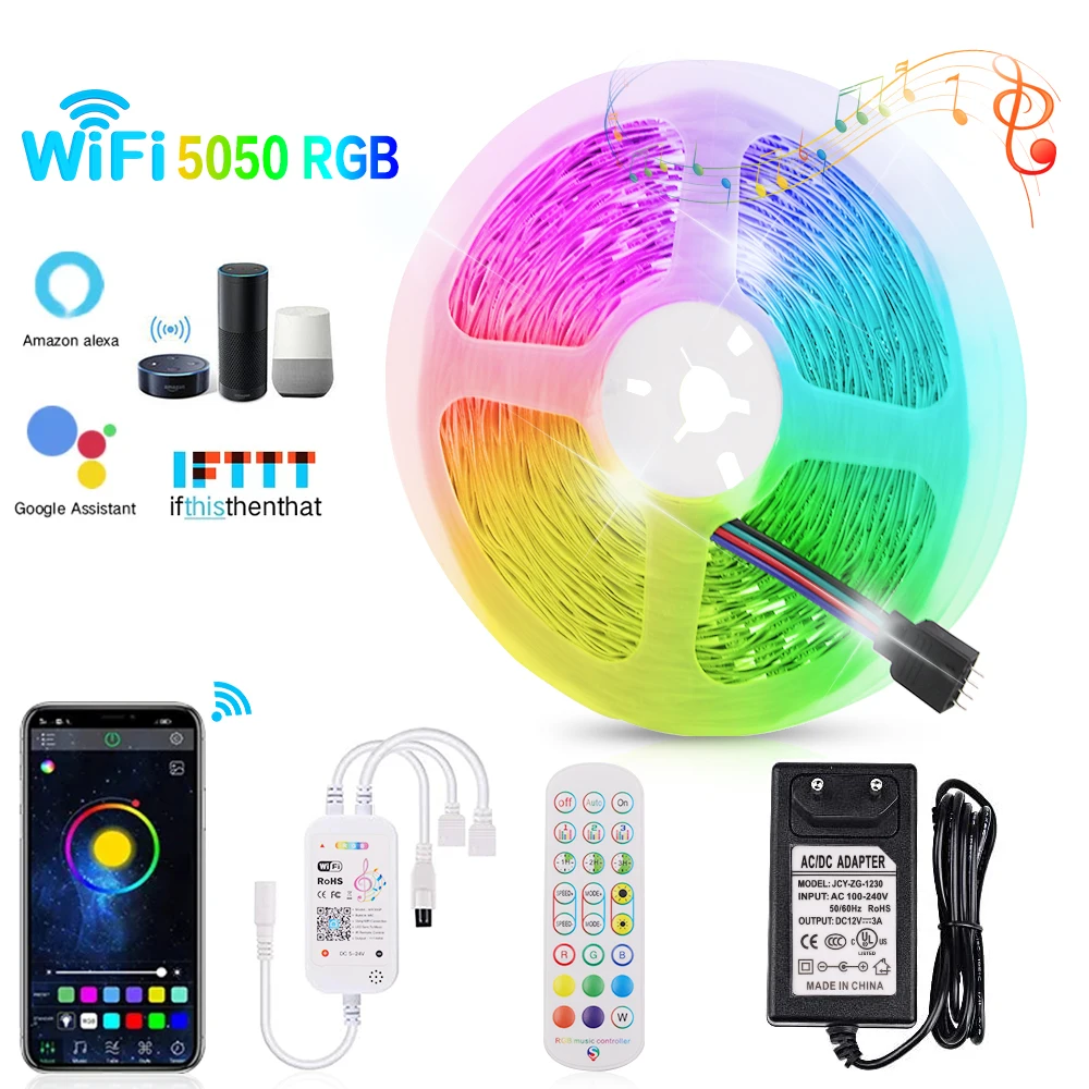 

12V 5050 RGB Светодиодные ленты светильник Wi-Fi музыка Управление 5, 10 м, 15 м, 20 м возможностью погружения на глубину до 30 м гибкая светодиодная лента DIY Подсветка светильник веревочкой светильник диод Декор