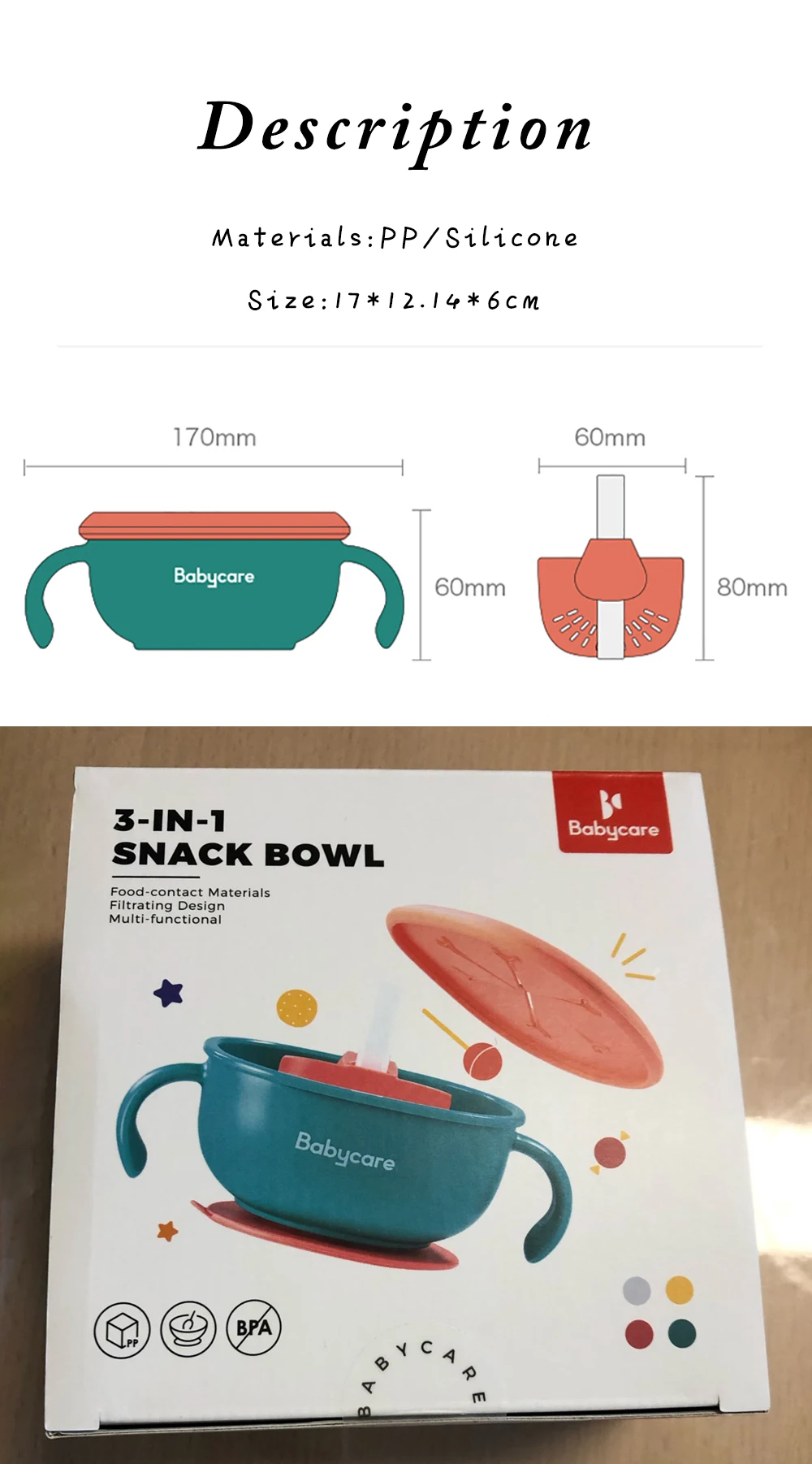 BC Babycare 3in1 Baby Feeding/Snack/Soup Bowl with Straw Infant Learning Dishes Suction Bowl Handle Tableware Petal Snack Bowl