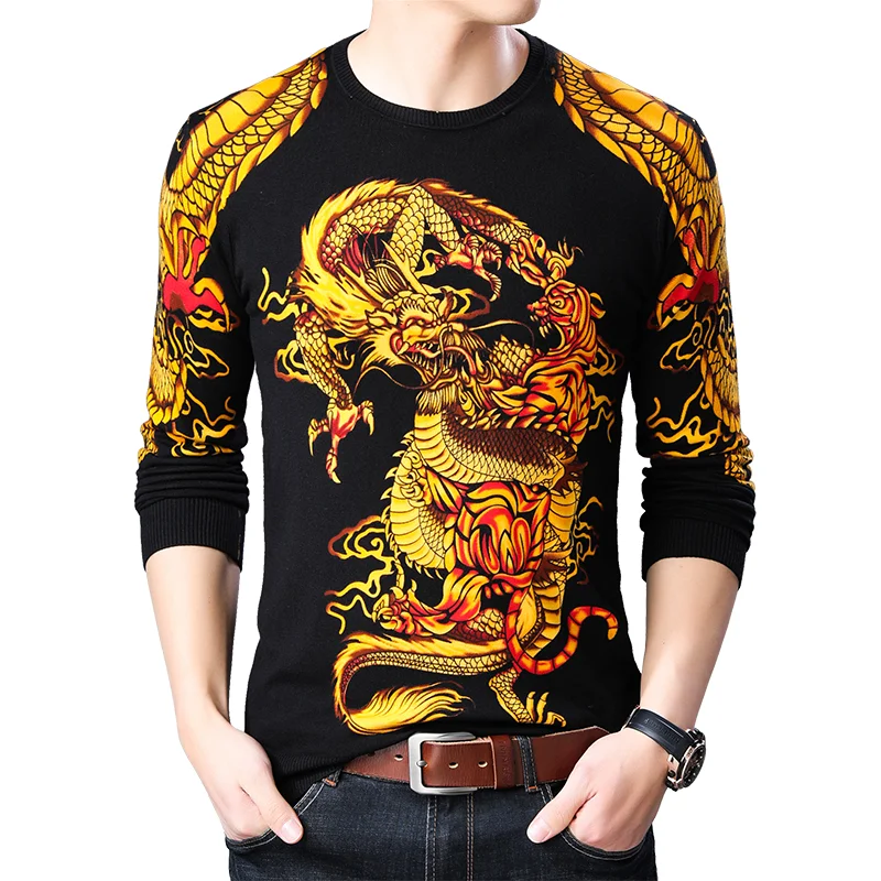 Pullover Erkek Fashion Kazak New Dragon Printed Sweater Mens Sueter Hombre Slim Fit Pull Homme Mens Chompas Hombre 2020 Clothes