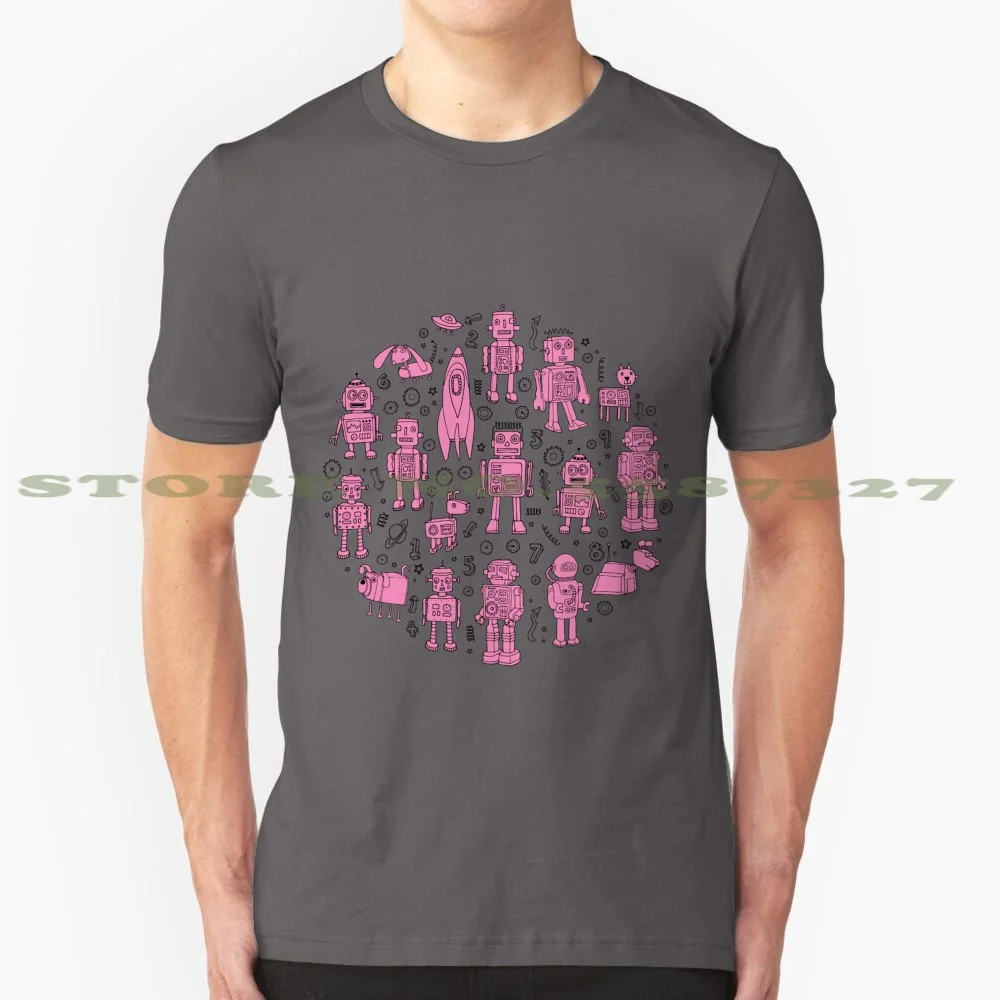 Robot Pattern - Pink And White - Fun Pattern By Cecca Designs 100% Cotton T-Shirt Robots Cogs Machines Cats Dogs Quirky