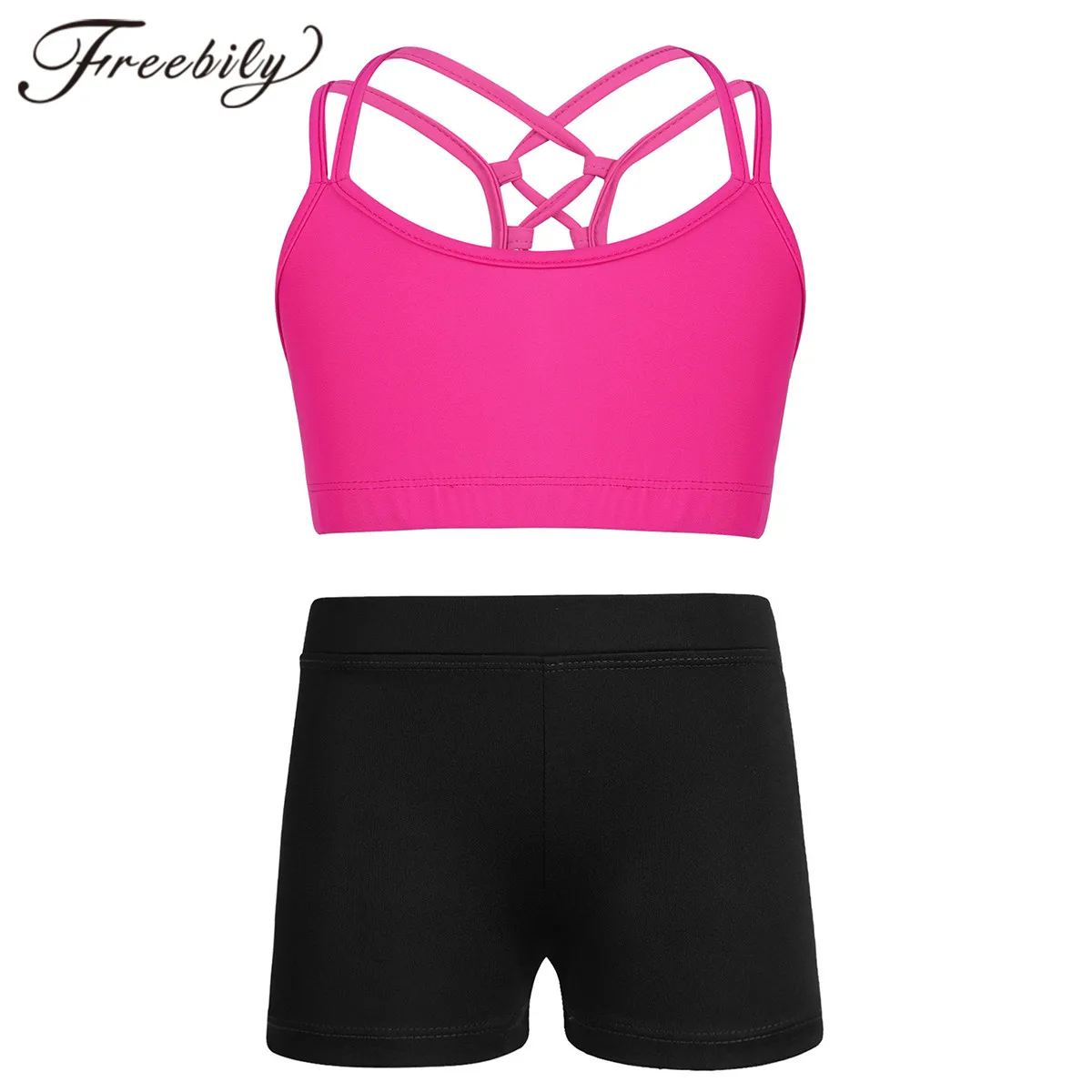 Children Sports Sets Girls Summer Clothes Spaghetti Shoulder Straps Tank Tops +  Low Rise Shorts Exercise Gym Workout Kids Set