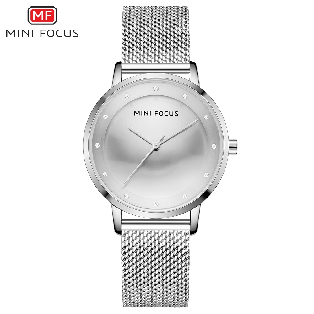 MINI FOCUS Luxury Fashion Women Creative Watch Rhinestones Lady Quartz Watches Waterproof Steel Mesh Band Wristwatch Girl Reloj