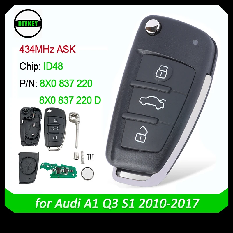 DIYKEY for Audi A1 Q3 S1 2011-2017 Flip Remote Key Fob 8X0837220 / 8X0837220D ID48 Chip 434MHz ASK 8X0 837 220 / 8X0 837 220D