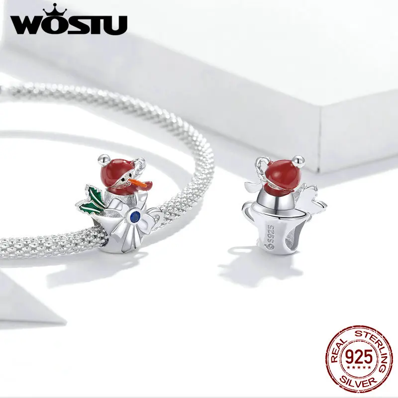 WOSTU 925 Sterling Silver Christmas Tree CZ Beads Santa Claus Charm Snowman Pendant Fit Original Bracelet DIY Festival Gift