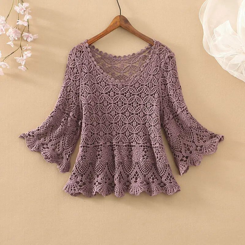 2023 spring and summer fashion new temperament casual outer wear short loose openwork sweater women Western style all-match