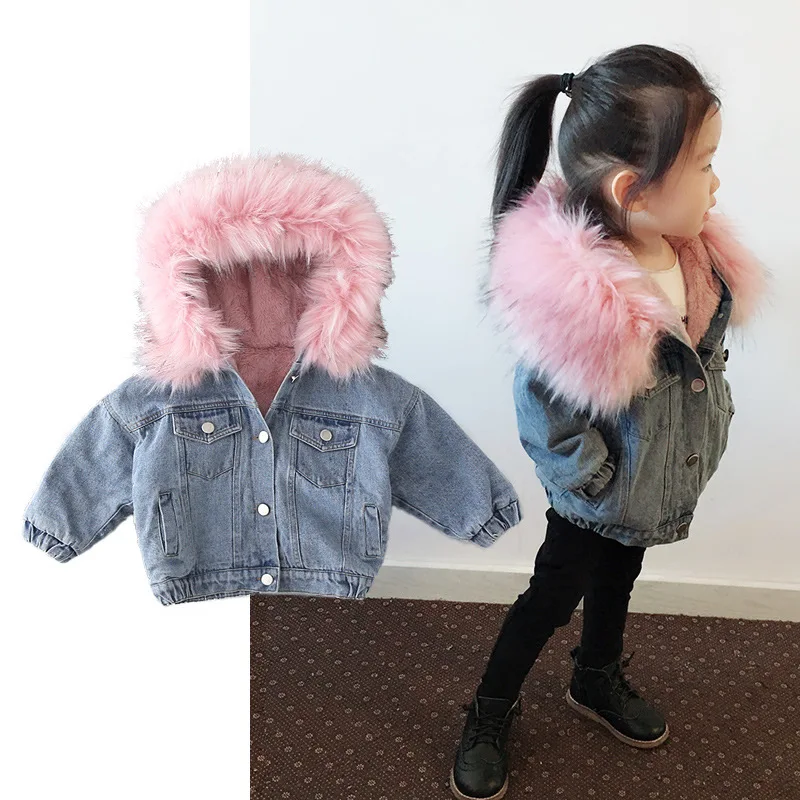 Children's Clothing Girls Winter Denim Jacket Fur Hooded Velvet Thick Warm Toddler Baby Girls Coat Vetement Enfant Fille