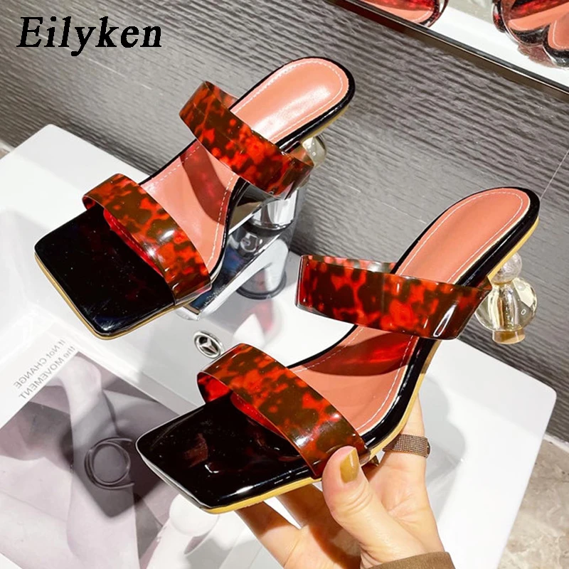 Eilyken 2024 New Summer Square Toe Ladies Slippers PVC Transparent Crystal Strange Style Clear Heel Women Leopard Grain Slides