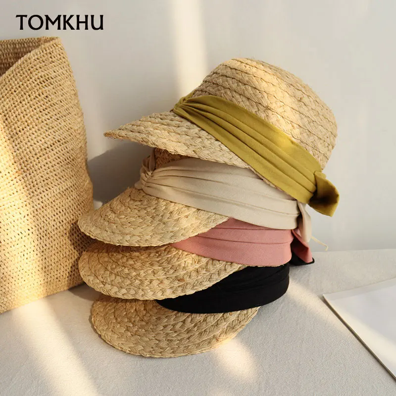 

Wholesale Women Visor Caps Summer Straw Raffia Wide Brim with Bow Summer Baseball Cap UV Protection Sun Beach Hat Derby Handmade