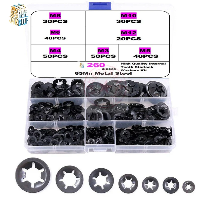 260Pcs M3 M4 M5 M6 M8 M10 M12 Push-On Borgringen Ster Moer Metal Quick Speed Star moer Vergrendeling Fastener Diverse Kit