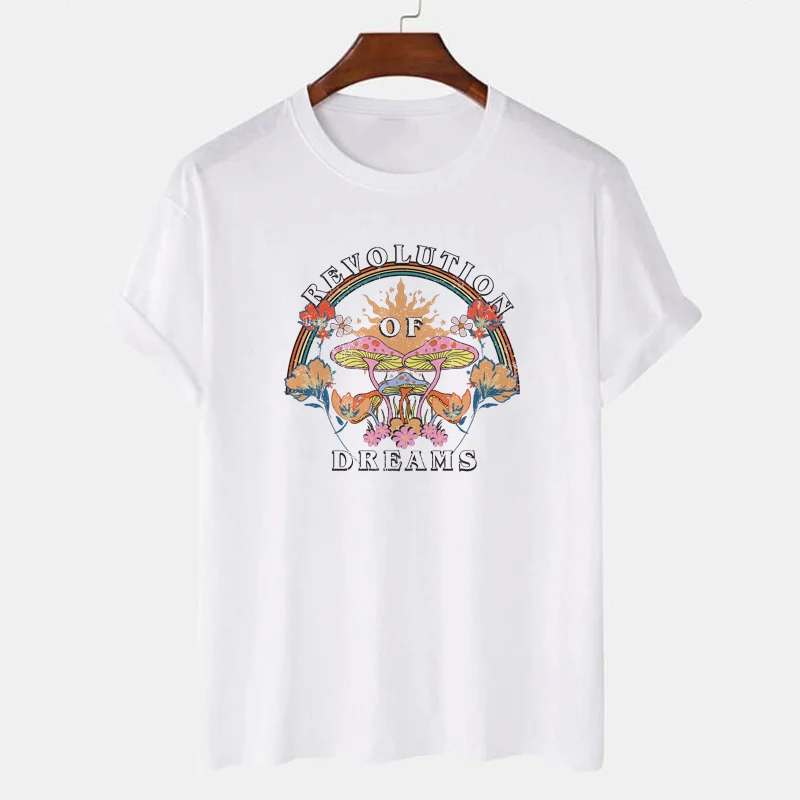 Mystical Mushroom Floral Print Vintage Aesthetic Tee Shirt 70s Hippie Loose Short Sleeve Woman Tshirts Cute Witch T-shirt Tops