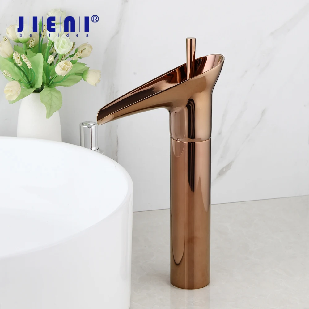 JIENI Rose Golden Waterfall Bathroom Faucet Solid Brass Pink Golden Wine Design 1 Handle Bathroom Basin Sink Mixer Tap Faucet