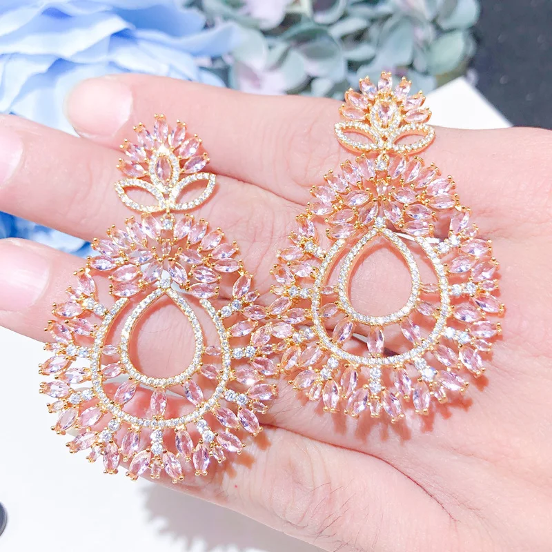 CWWZircons Shiny Light Pink Big Long Drop Engagement Wedding Earring for Women Fashion Brand Brazilian Gold Plated Jewelry CZ646