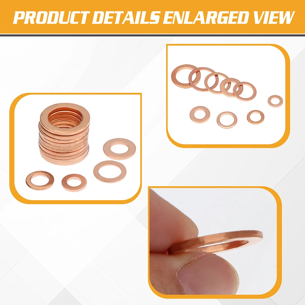 180pcs Flat Copper Washers Sealing Rings Flat Assortment Brass-plated Washers Set M5/6/8/10/12/14 Suitable for Screw