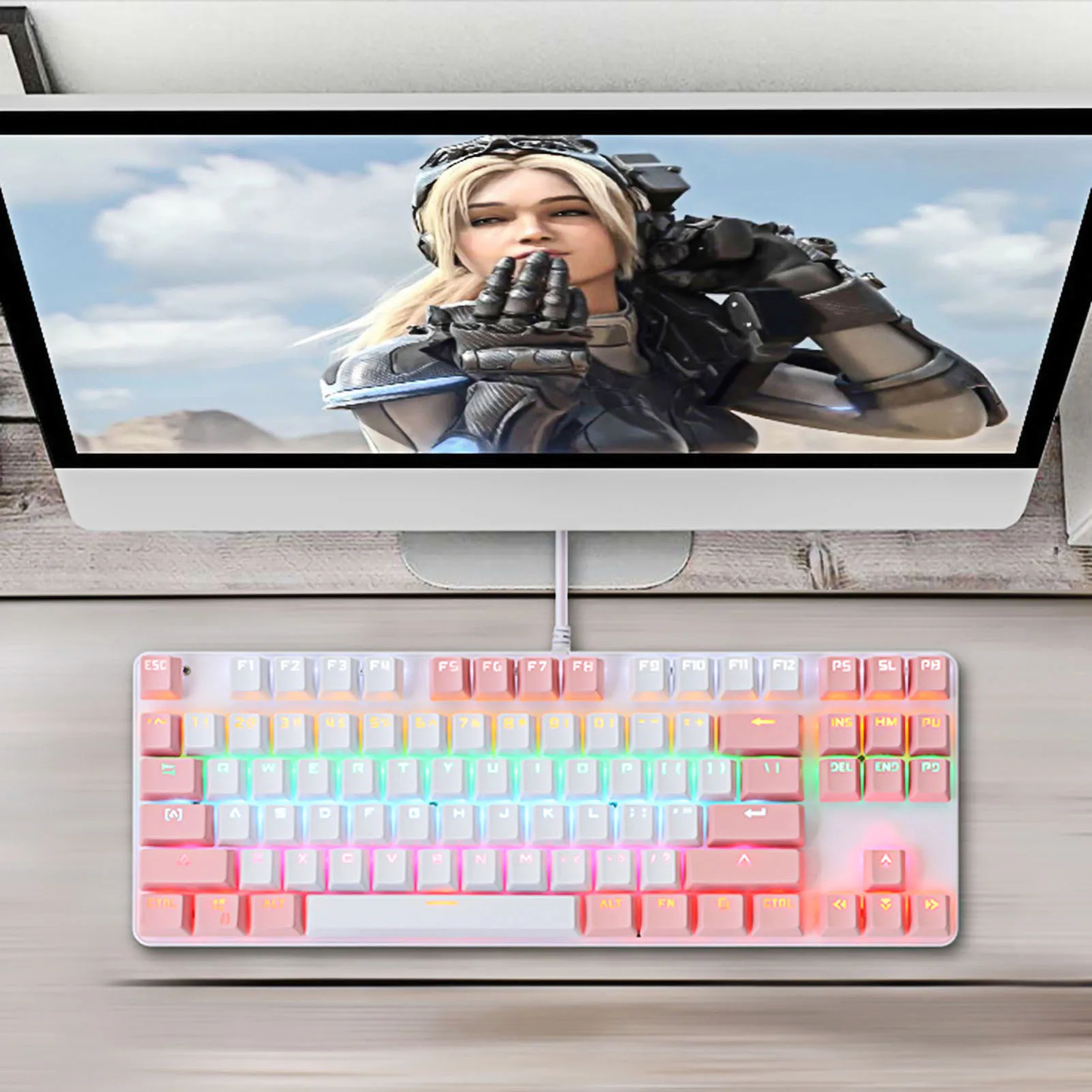 K100 لوحة المفاتيح الميكانيكية لونين 87 مفتاح المحور الأخضر لوحة المفاتيح الميكانيكية الوردي الألعاب فتاة لوحة المفاتيح ABS مقاومة للاهتراء Keycap