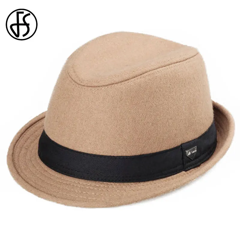 FS Vintage Men Wide Brim Wool Felt Fedora Hats For Black Jazz Trilby Panama Hat Gentleman Gangster Caps Fedora Chapeau Homme