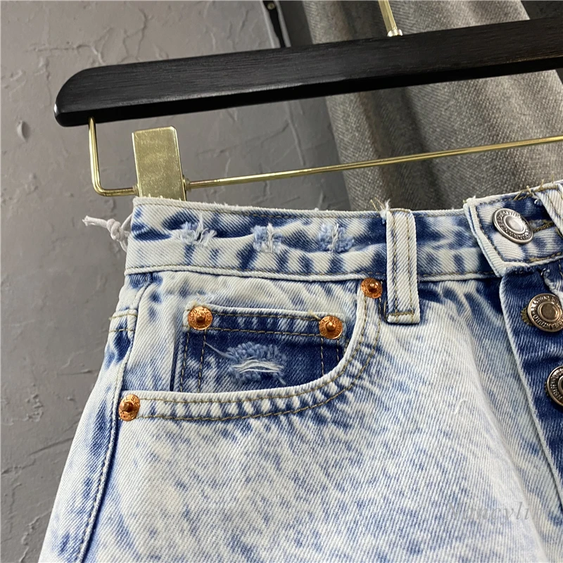 Women\'s Jean Shorts Summer High Waist Single-Breasted Wide Leg Hot Pants Ripped Fringed Burr Denim Short Femme Ropa Mujer