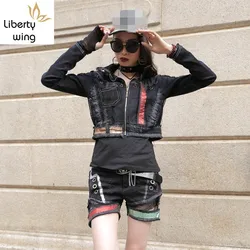 Estilo punk gótico malha retalhos 3 pcs roupas de qualidade superior manga longa fino ajuste curto casaco buraco rasgado shorts quentes