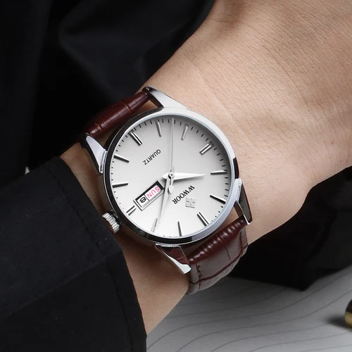 Imagen 2 del producto WWOOR-reloj de pulsera de cuarzo para hombre, cronógrafo de lujo, clásico, informal, de cuero, resistente al agua, con fecha