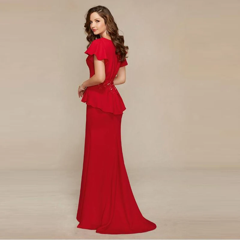 2020 Elegant Rood Mermaid V-hals Moeder Van De Bruid Dresse Korte Mouwen Moeder Van De Bruidegom Gowns Applique Kralen