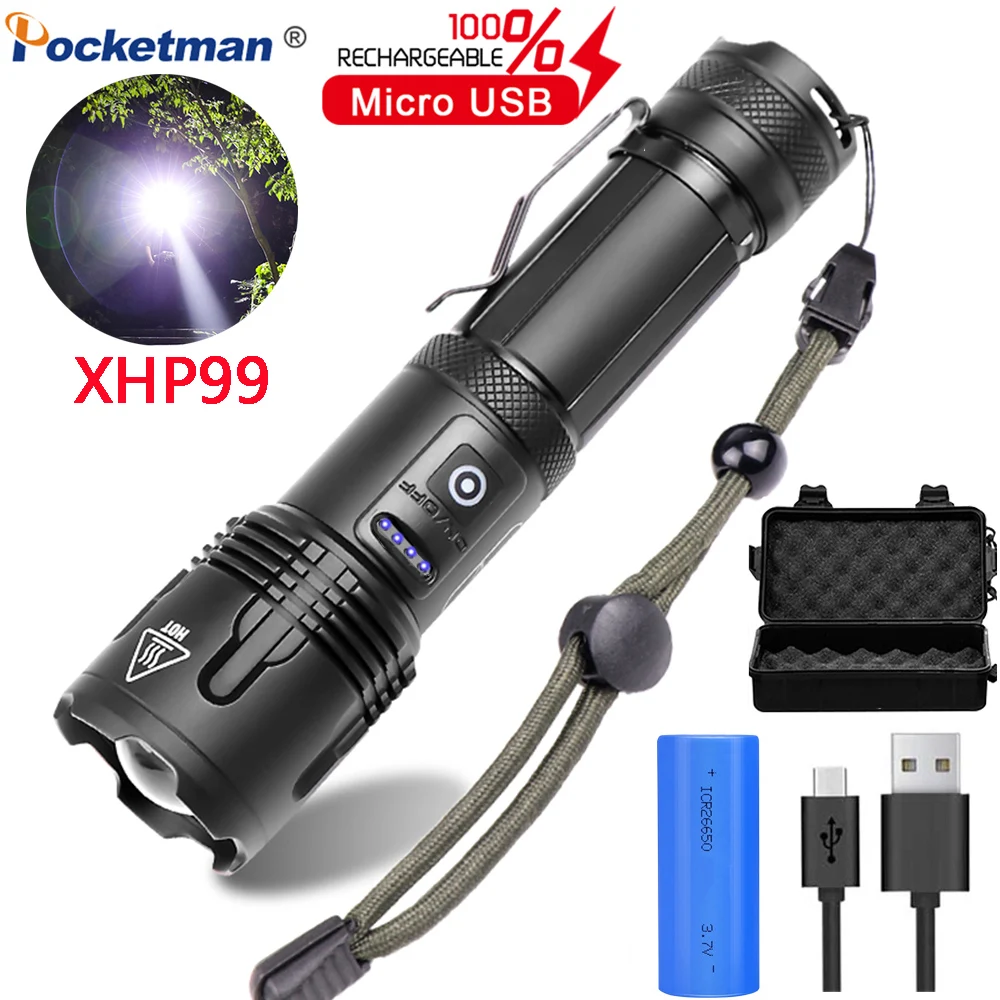 Pocketman XHP99.2 Flashlight With Pen Holder Tail rope USB Rechargeable LED Torch XHP70 Lanterna Camping Lamp Use 26650