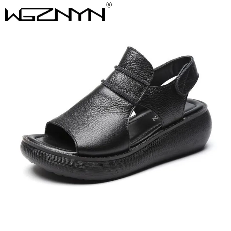 Summer Thick Bottom High Heel Flat Platform Sandals for Women Genuine Leather Fashion Wedges Peep Toe Women Sandals Fashion Shoe