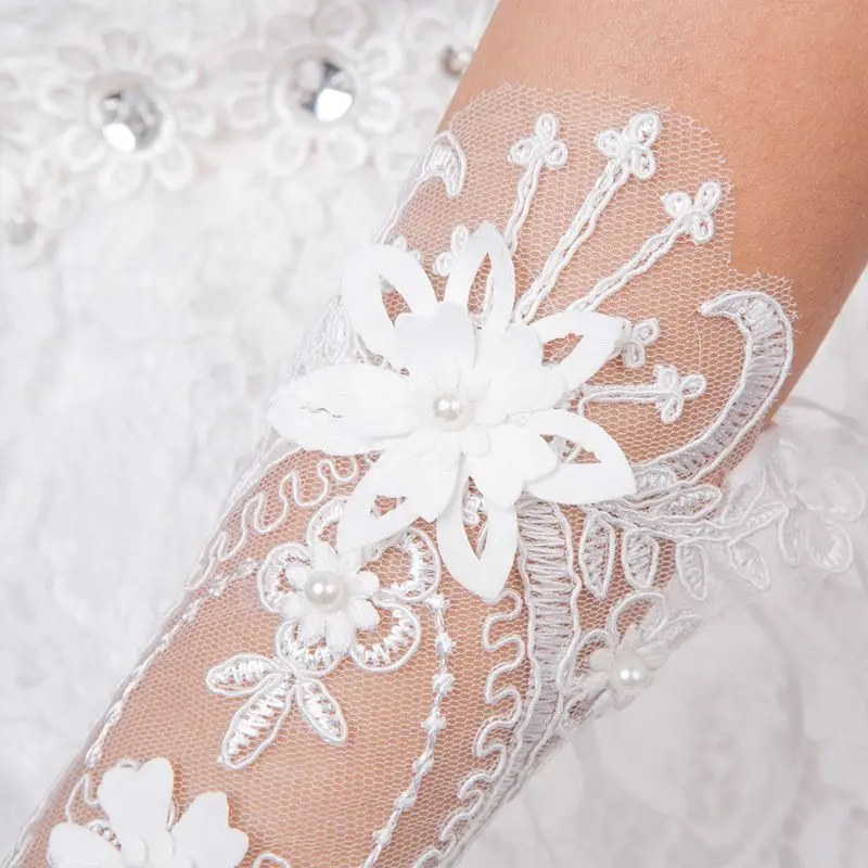 Women Wedding Short Fingerless Gloves Embroidery Lace Imitation Pearl Flower Applique Ribbon Bowknot Bridal Mittens