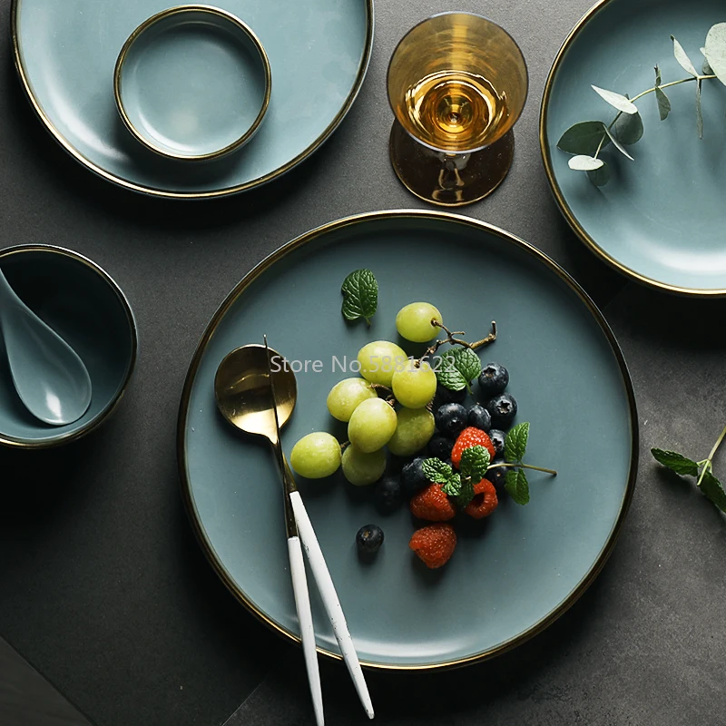 NEW Blue Golden Ceramic Plates Household Dishes Sauce Rice Bowls Soup Noodles Dinner Plate Steak Western Food Tableware